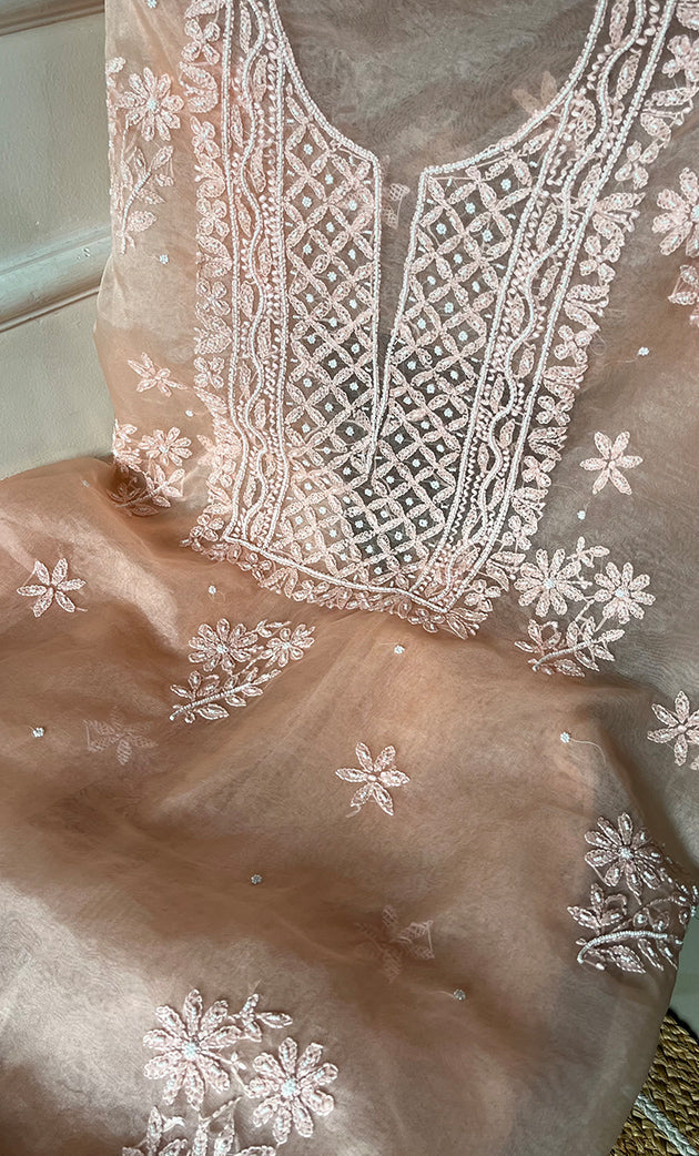 Women's Lakhnavi Handcrafted Organza Chikankari Unstitched Full Suit Material - HONC0287045