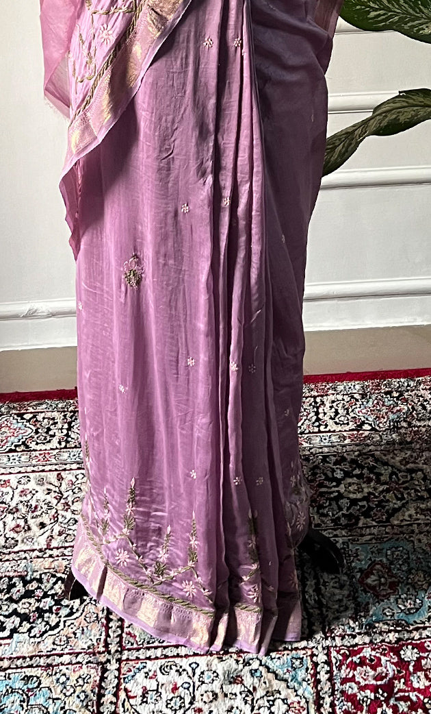 Women's Lakhnavi Handcrafted Mul Chanderi Chikankari Saree - HONC0312055