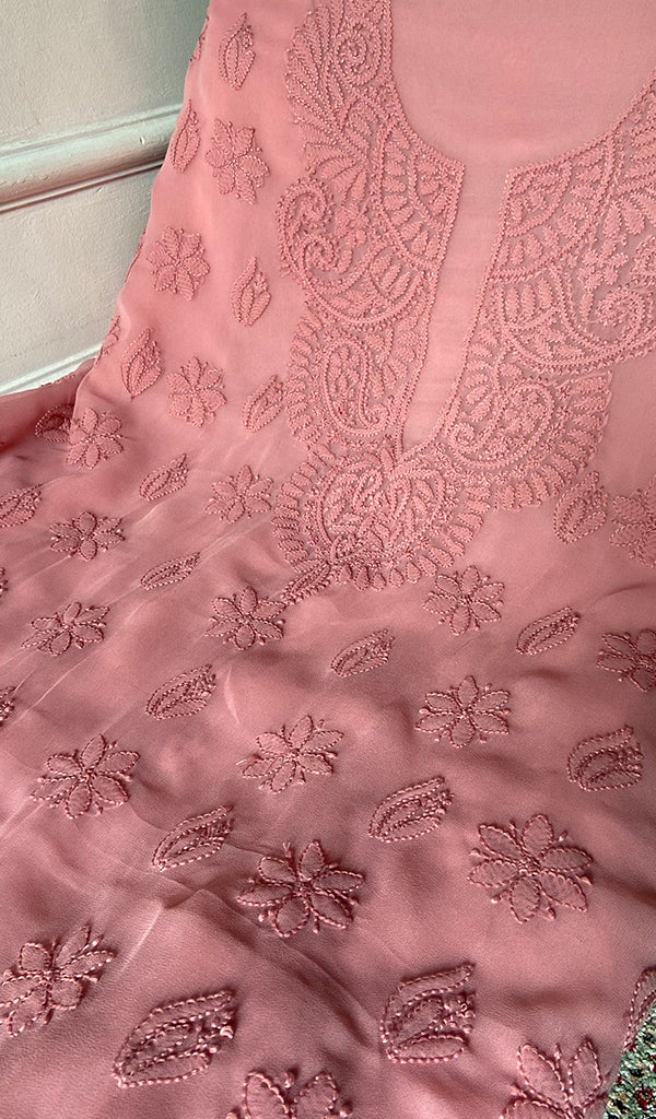 Women's Lucknowi Handcrafted Faux-Georgette Unstitched Chikankari Suit Material - HONC0347513
