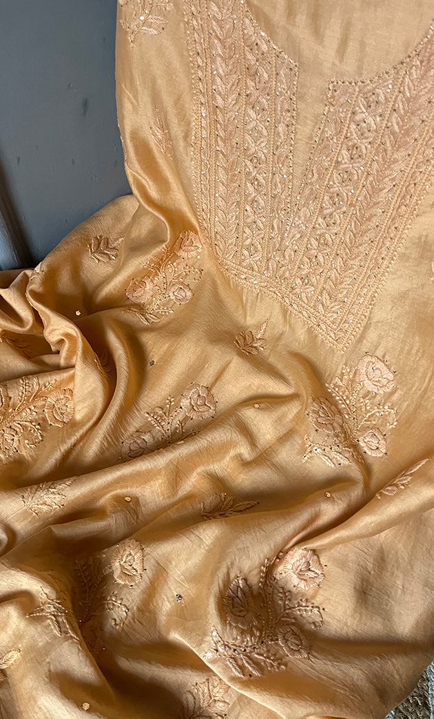 Baseema Women's Lucknowi Handcrafted Chanderi Silk Chikankari Full Suit Material - HONC0290029