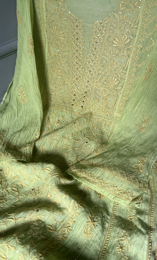 Women's Lakhnavi Handcrafted Mul Chanderi Semi - Stitched Anarkali And Dupatta Set - HONC0280984