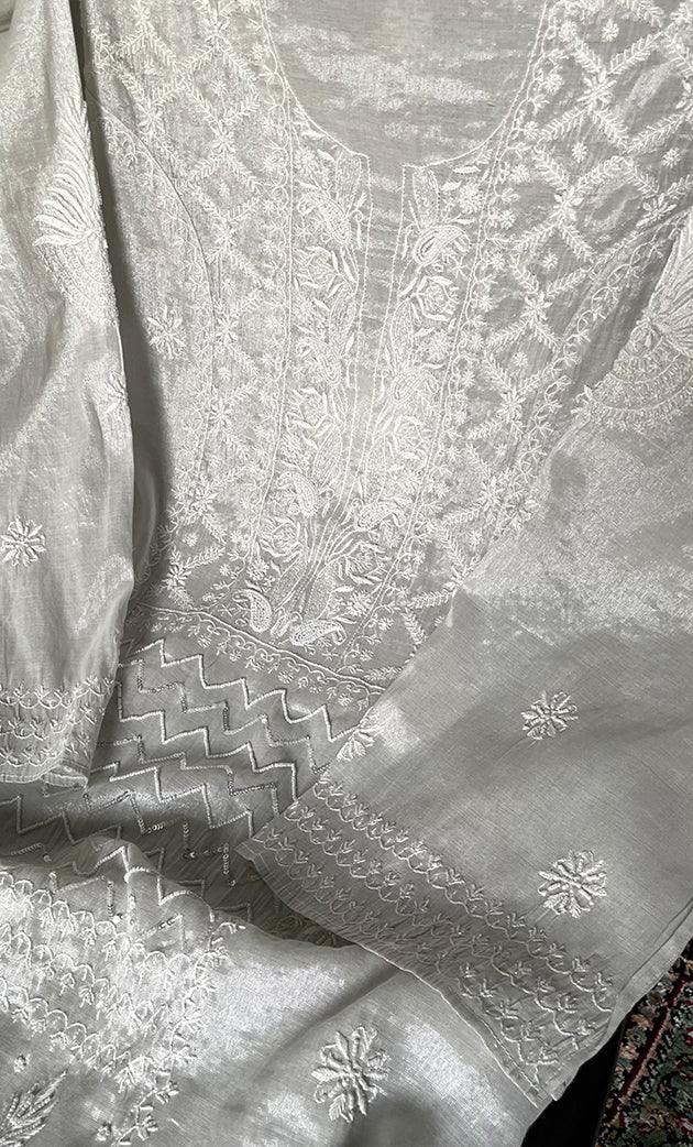 Women's Lakhnavi Handcrafted Tissue Chanderi Semi-Stitched Kurta And Dupatta Set - HONC0323646