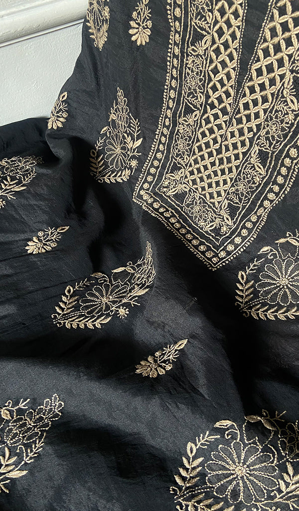 Women's Lakhnavi Handcrafted Mul Chanderi Unstitched Chikankari Full Suit - HONC0351095