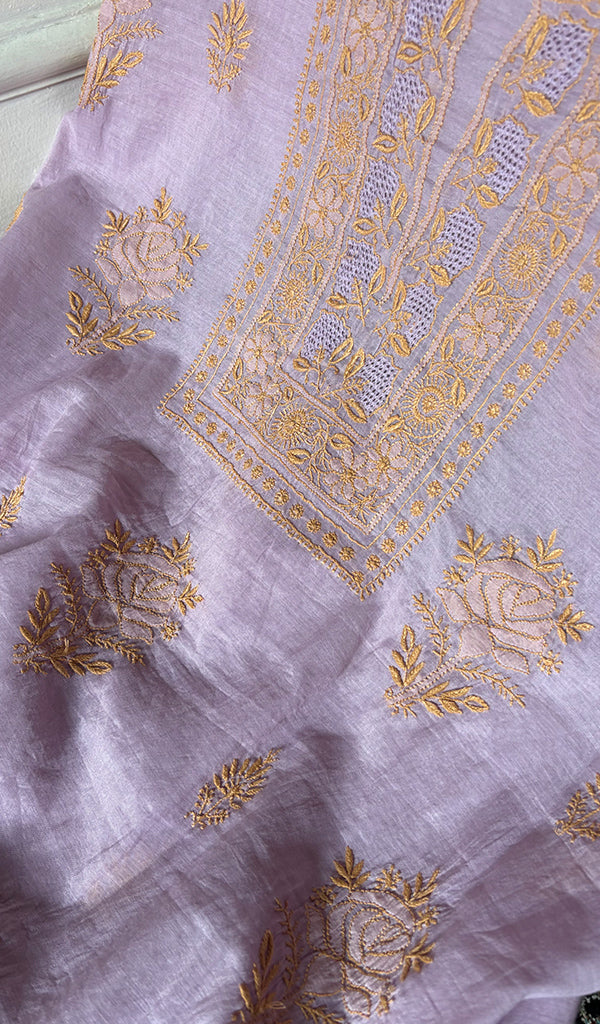 Women's Lakhnavi Handcrafted Chanderi Silk Unstitched Chikankari Full Suit - HONC0351091