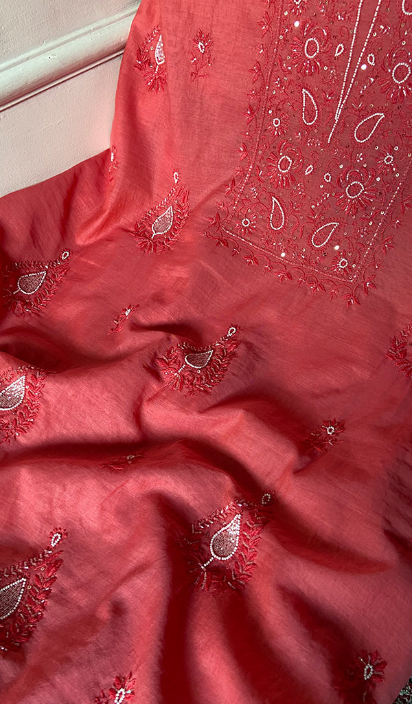 Women's Lakhnavi Handcrafted Mul Chanderi Unstitched Chikankari Full Suit Material - HONC0300851