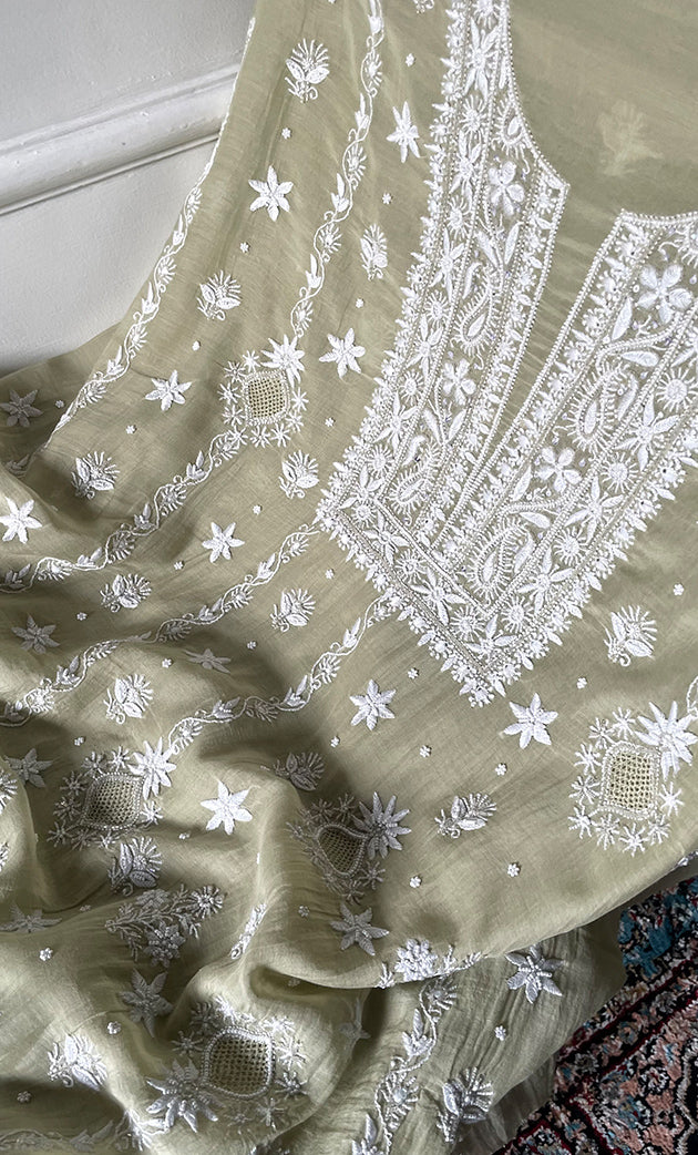 Women's Lakhnavi Handcrafted Unstitched Mul Chanderi Kurta And Dupatta Set - HONC0329036