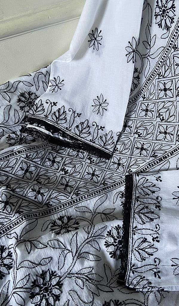 Women Lakhnavi Handcrafted Unstitched Cotton Chikankari Suit Material 