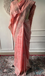 Load image into Gallery viewer, Women's Lakhnavi Handcrafted Tussar Silk Chikankari Saree - HONC0313448
