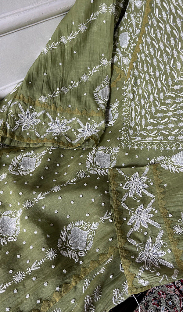 Aarushi Women's Lakhnavi Handcrafted Mul Chanderi Semi - stitched Chikankari Full Suit Material - HONC0