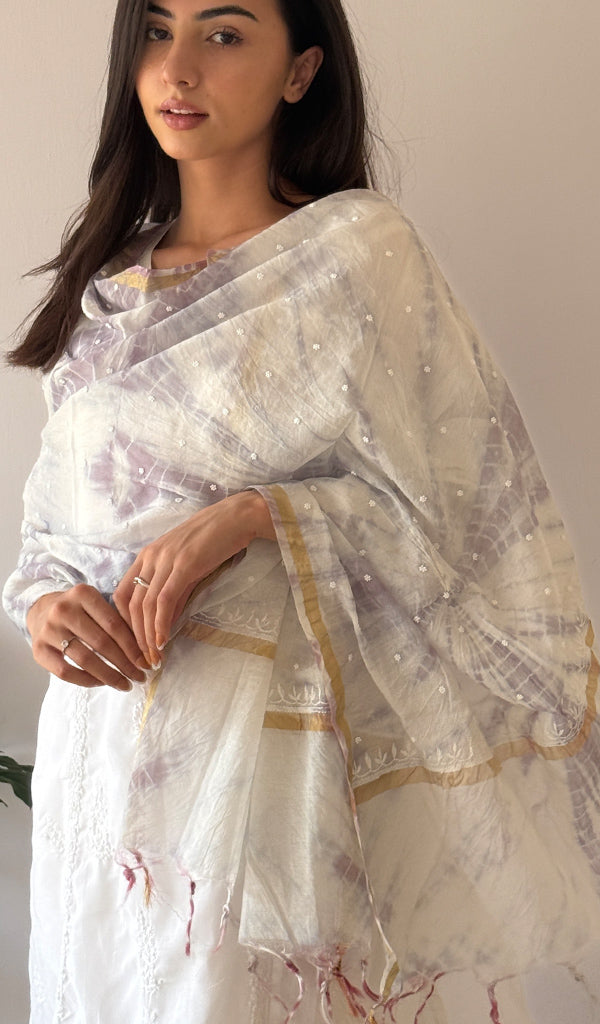 Women's Lakhnavi Handcrafted Mul Chanderi Chikankari Dupatta - HONC0320018