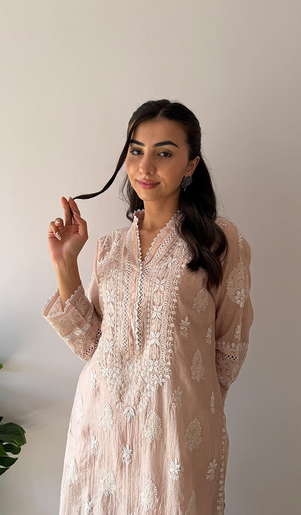 Women's Lucknowi Handcrafted Mul Chanderi Stitched Chikankari Kurta And Plazzo Set- HONC03788220