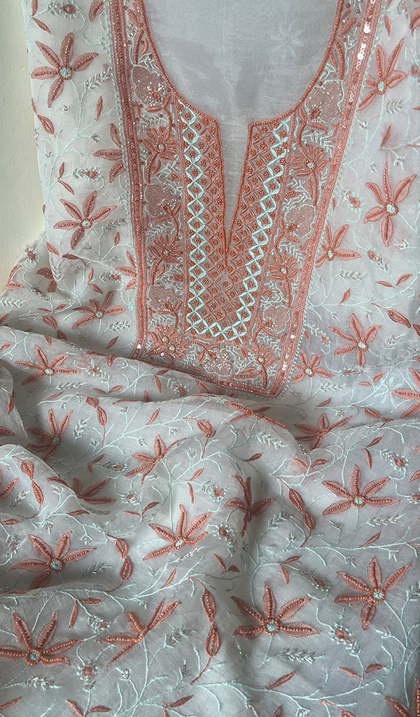 Women's Lakhnavi Handcrafted Pure Organza Chikankari Unstitched Kurta And Dupatta Set- HONC0270067