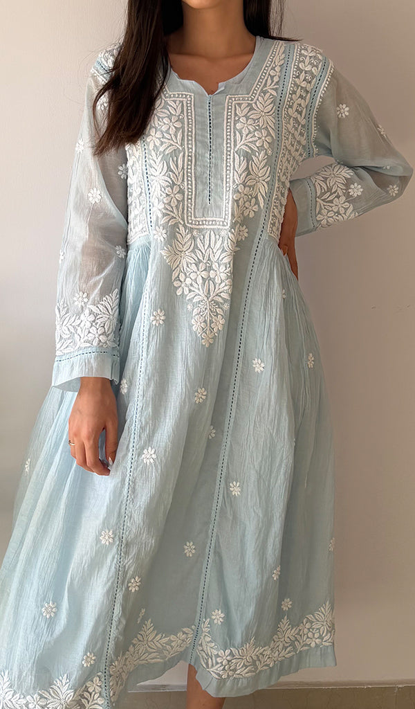 Fariah Women's Lucknowi Handcrafted Mul Chanderi Chikankari Kurti - HONC0272413