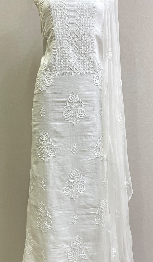 Lakhnavi Handcrafted Mul Cotton Chikankari Kurta And Chiffon Dupatta Set- HONC0170174