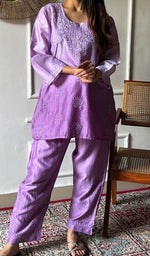 Load image into Gallery viewer, Riddhi Women's Lakhnavi Handcrafted Chanderi Silk Chikankari Top And Pant Set - HONC0264760