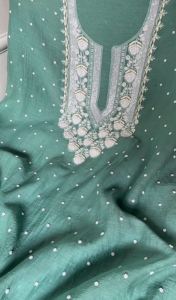 Jazba Women's Lakhnavi Handcrafted Mul Chanderi Unstitched Kurta And Dupatta Set - HONC0353911