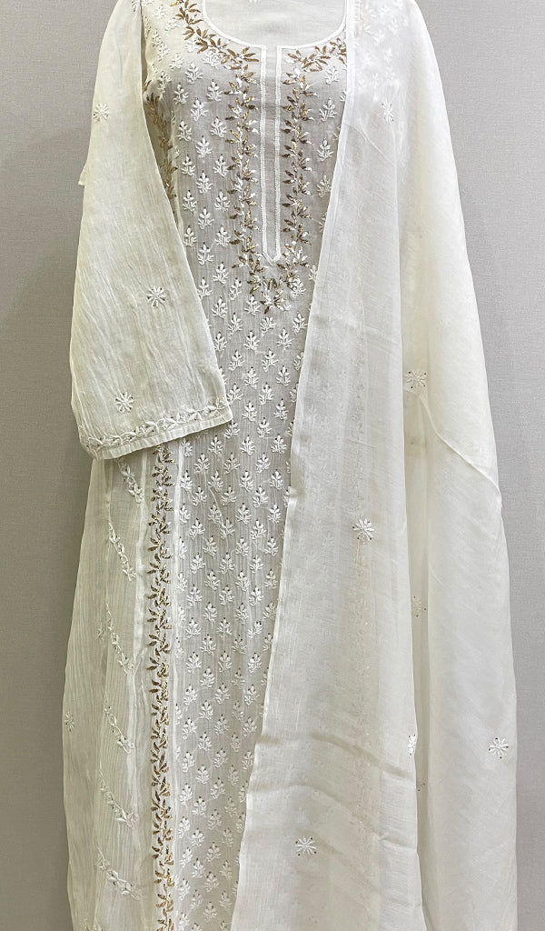 Women's Lakhnavi Handcrafted Mul Chanderi Chikankari Kurta Dupatta Set- HONC0179012