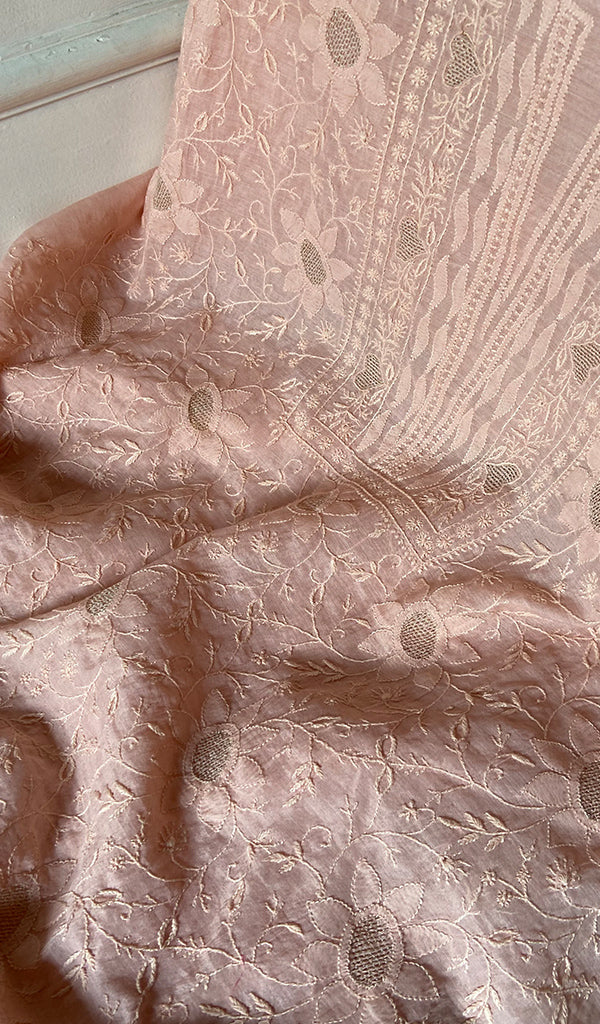 Women's Lakhnavi Handcrafted Mul Chanderi Unstitched Chikankari Full Suit - HONC0370548