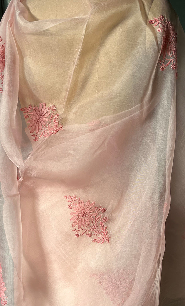 Women's Lucknowi Handcrafted Pure Organza Silk Chikankari Saree - HONC0294646
