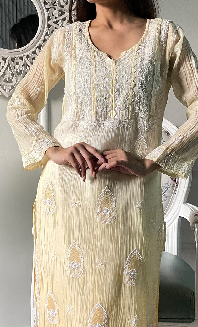 Women's Lucknowi Handcrafted Mul Chanderi  Chikankari Kurti - HONC0329122