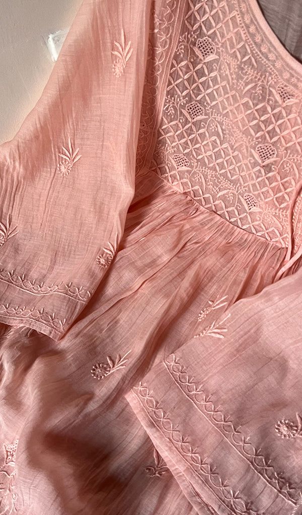 Women's Lakhnavi Handcrafted Mul Chanderi Semi - Stitched Angrakha And Dupatta Set - HONC0255362