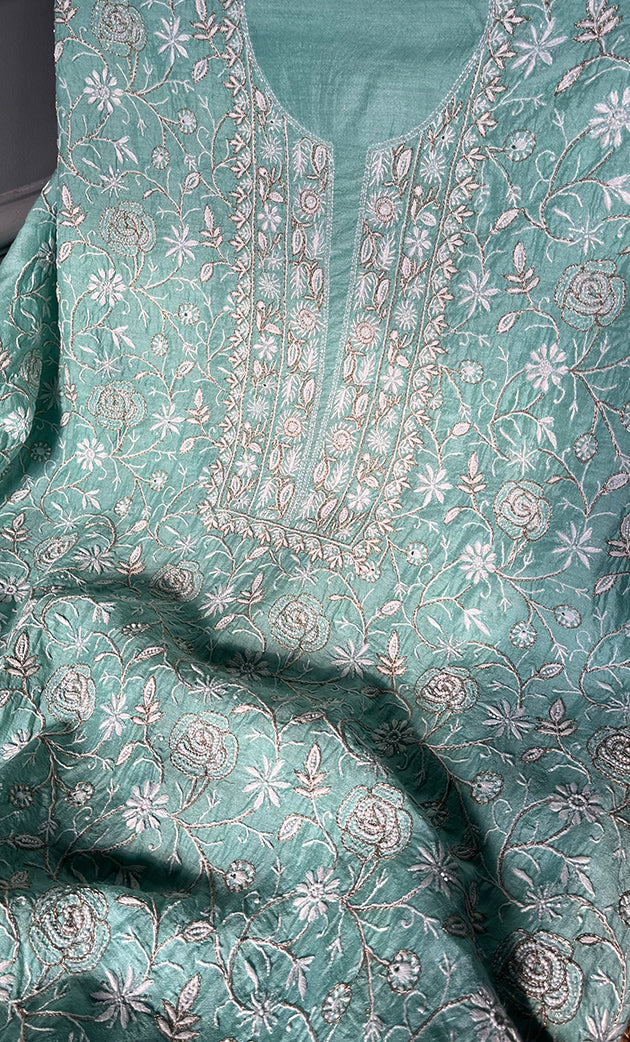 Women's Lakhnavi Handcrafted Munga Silk Chikankari Kurta And Dupatta Set- HONC0282384