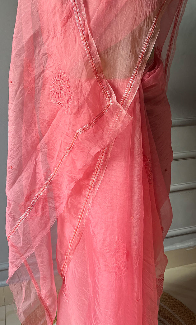 Amna Women's Lucknowi Handcrafted Pure Organza Silk Chikankari Saree - HONC0283192