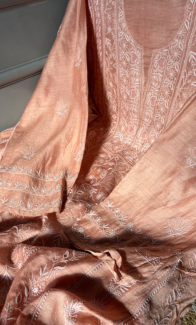 Women's Lakhnavi Handcrafted Munga Silk Semi - Stitched Chikankari Kurta And Dupatta Set- HONC0266160