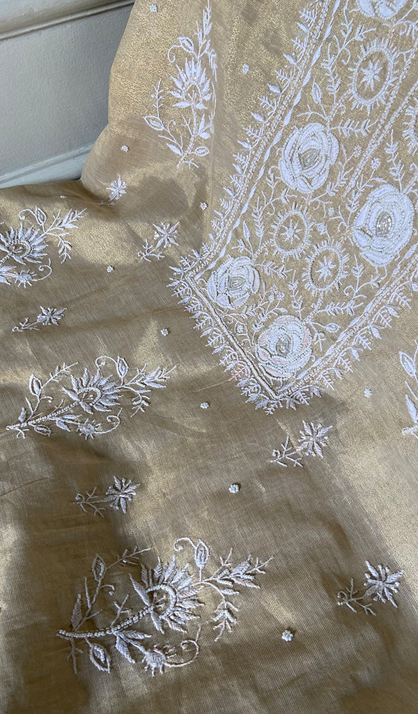 Women's Lakhnavi Handcrafted Tissue Chanderi Unstitched Chikankari Kurta And Dupatta Set - HONC0347896