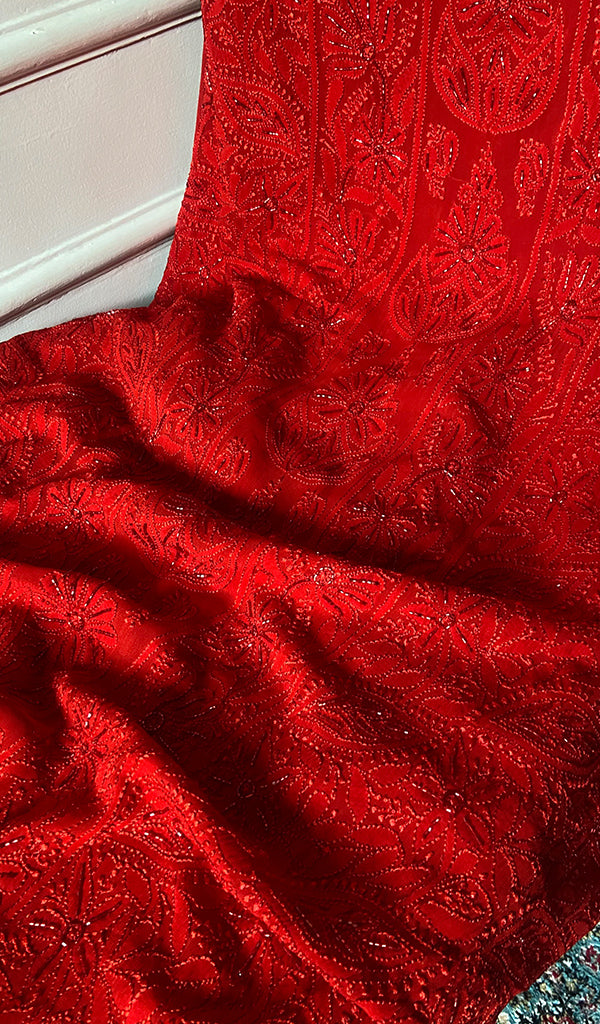 Women's Lucknowi Handcrafted Viscose Georgette Unstitched Chikankari Suit Material - HONC0317983