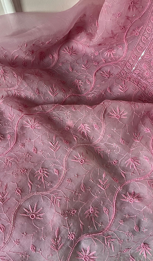 Women's Lakhnavi Handcrafted Pure Organza Chikankari Unstitched Kurta And Dupatta Set- HONC0267059