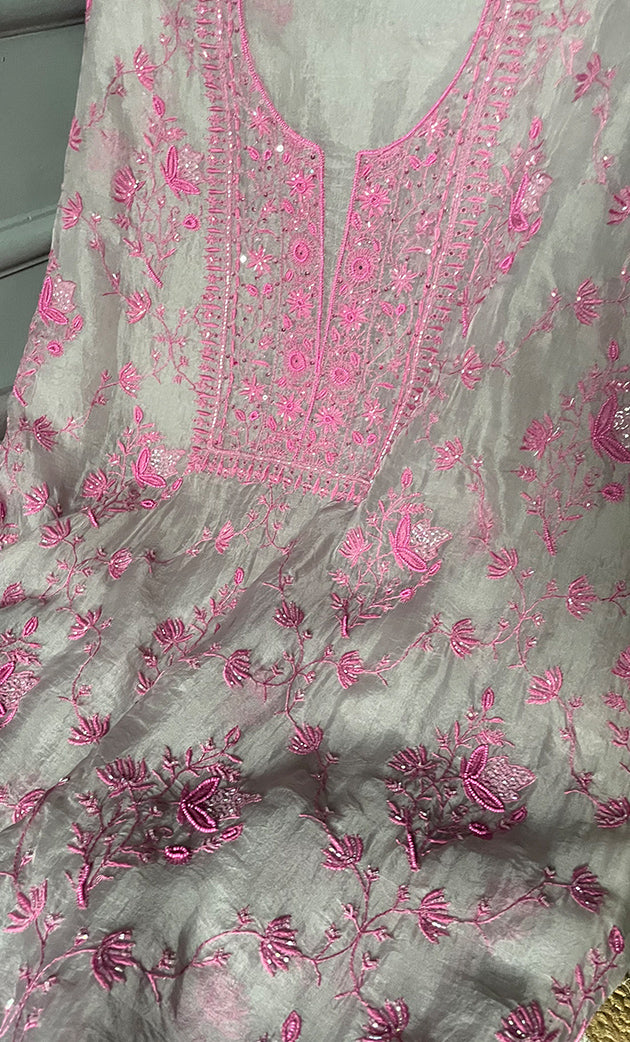 Women's Lakhnavi Handcrafted Pure Organza Chikankari Unstitched Kurta And Dupatta Set- HONC0294919