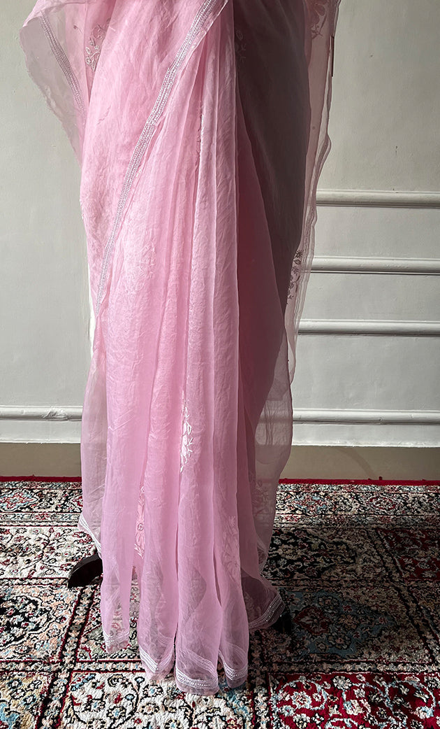 Women's Lucknowi Handcrafted Pure Organza Silk Chikankari Saree - HONC0321771