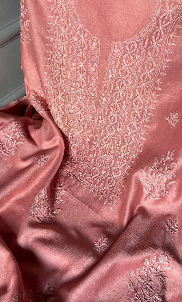 Women's Lucknowi Handcrafted Chanderi Silk Chikankari Full Suit Material - HONC0264097