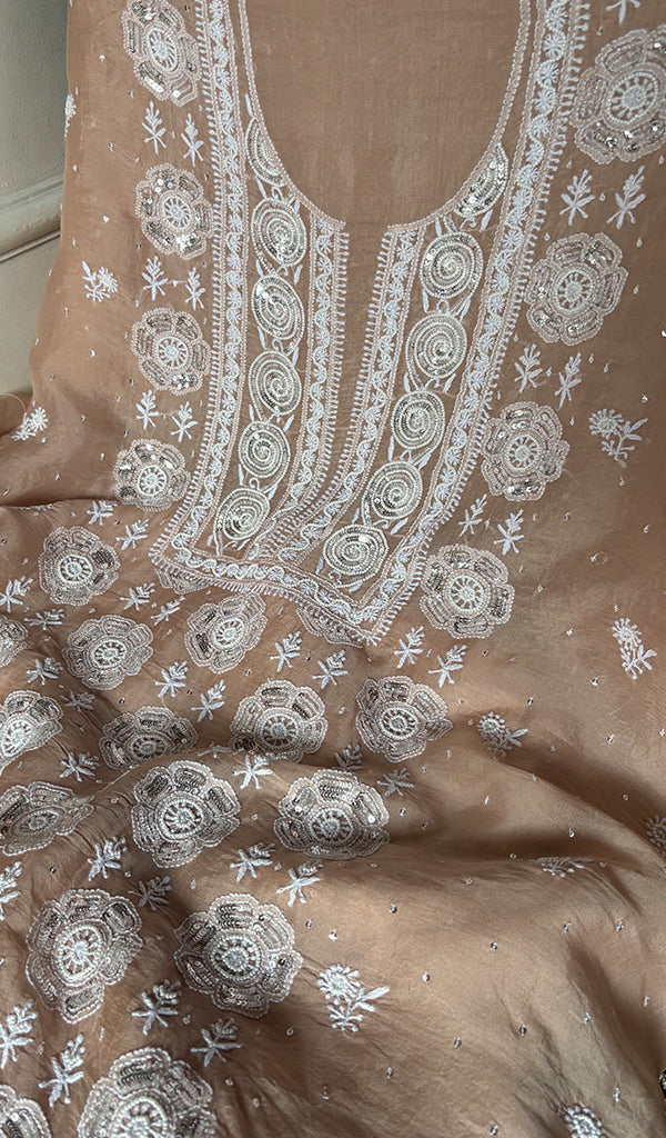 Gulalai Women's Lakhnavi Handcrafted Pure Organza Chikankari Unstitched Kurta And Dupatta Set- HONC0339020
