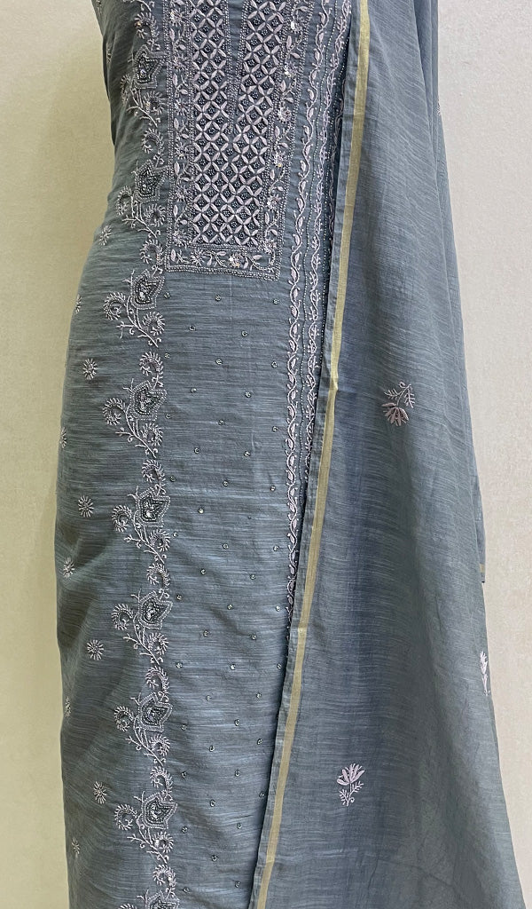 Women's Lakhnavi Handcrafted Chanderi Silk Chikankari Full Suit Material - HONC0126254