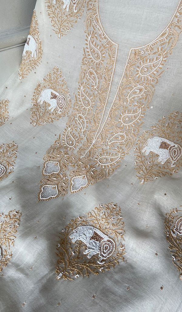 Haathi Women's Lakhnavi Handcrafted Mul Chanderi Unstitched Kurta And Dupatta Set - HONC0317803