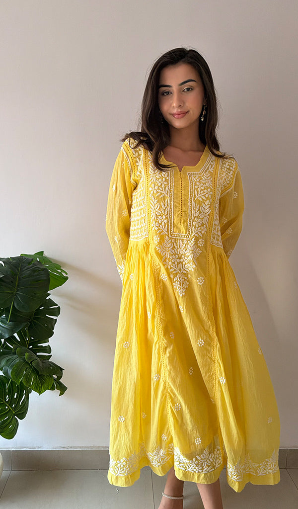 Fariah Women's Lucknowi Handcrafted Mul Chanderi Chikankari Kurti - HONC0264995