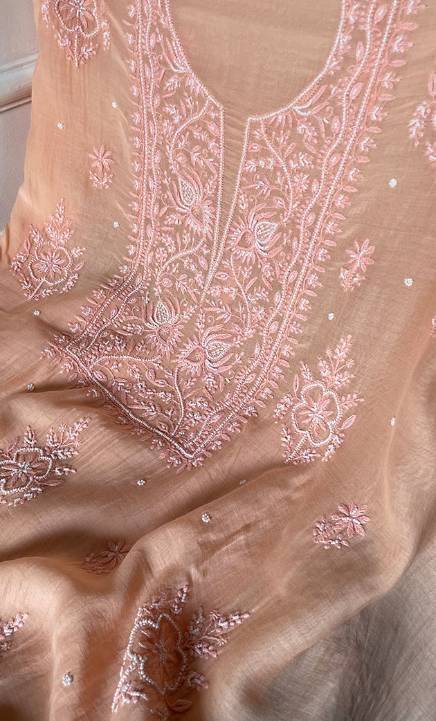 Women's Lakhnavi Handcrafted Unstitched  Mul Chanderi Chikankari Full Suit Material - HONC0301699
