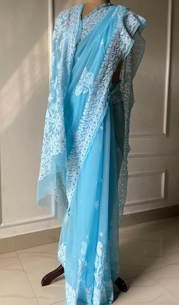 Women's Lucknowi Handcrafted Faux-Georgette Chikankari Saree - HONC0295216
