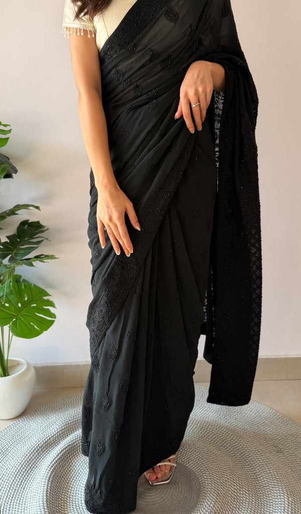 Women's Lakhnavi Handcrafted Pure Silk Georgette Chikankari Saree - HONC0310644