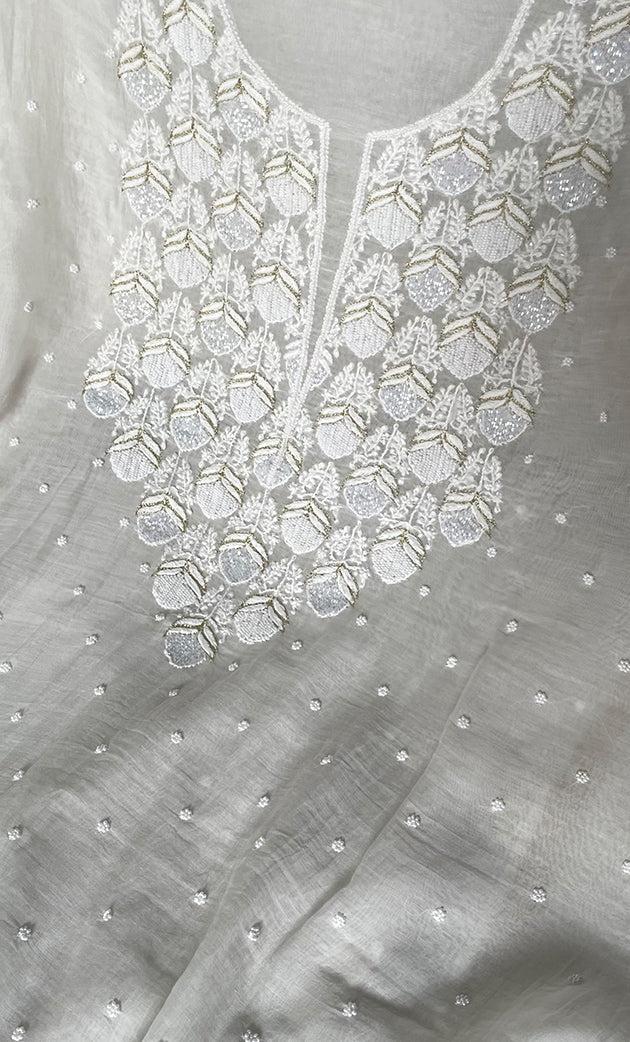 Jazba Women's Lakhnavi Handcrafted Mul Chanderi UnStitched Kurta And Dupatta Set - HONC0320806