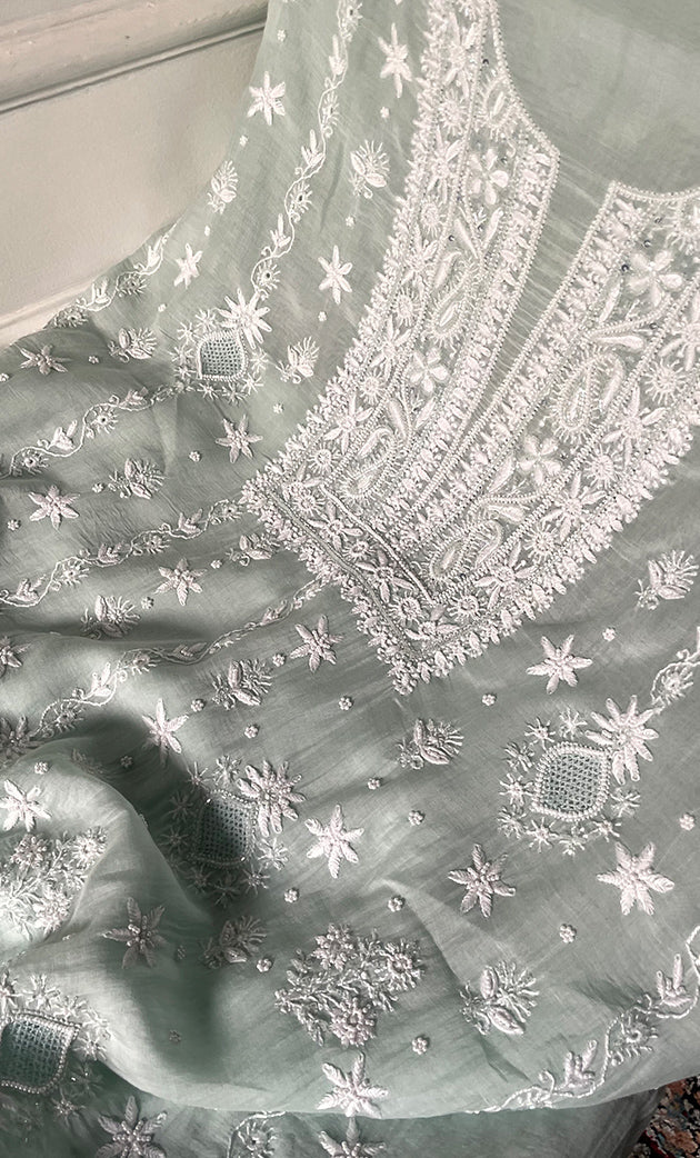 Women's Lakhnavi Handcrafted Unstitched Mul Chanderi Kurta And Dupatta Set - HONC0329040