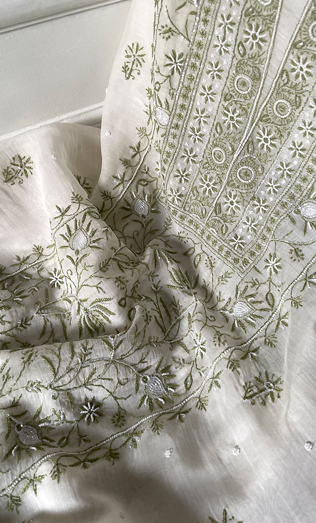 Women's Lakhnavi Handcrafted Unstitched Mul Chanderi Kurta And Dupatta Set - HONC0327487