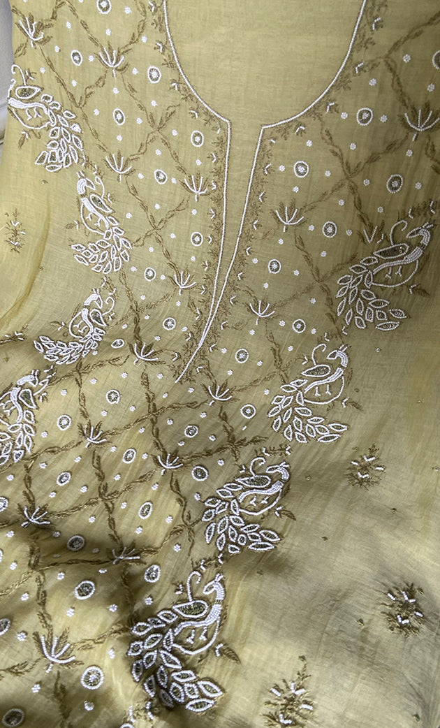 Women's Lakhnavi Handcrafted Mul Chanderi Unstitched Chikankari Full Suit Material - HONC0339571
