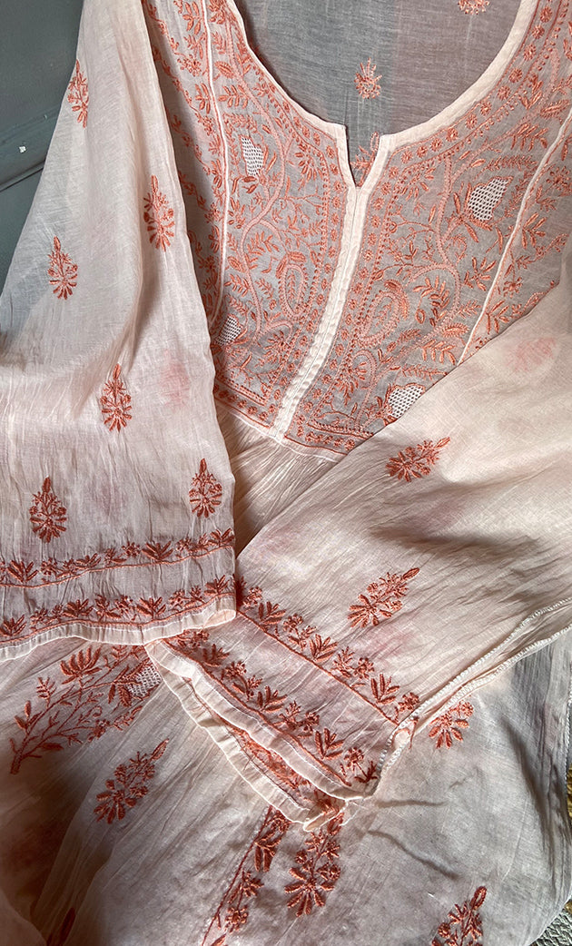 Women's Lakhnavi Handcrafted Mul Chanderi Semi - Stitched Kurta And Dupatta Set - HONC0273083