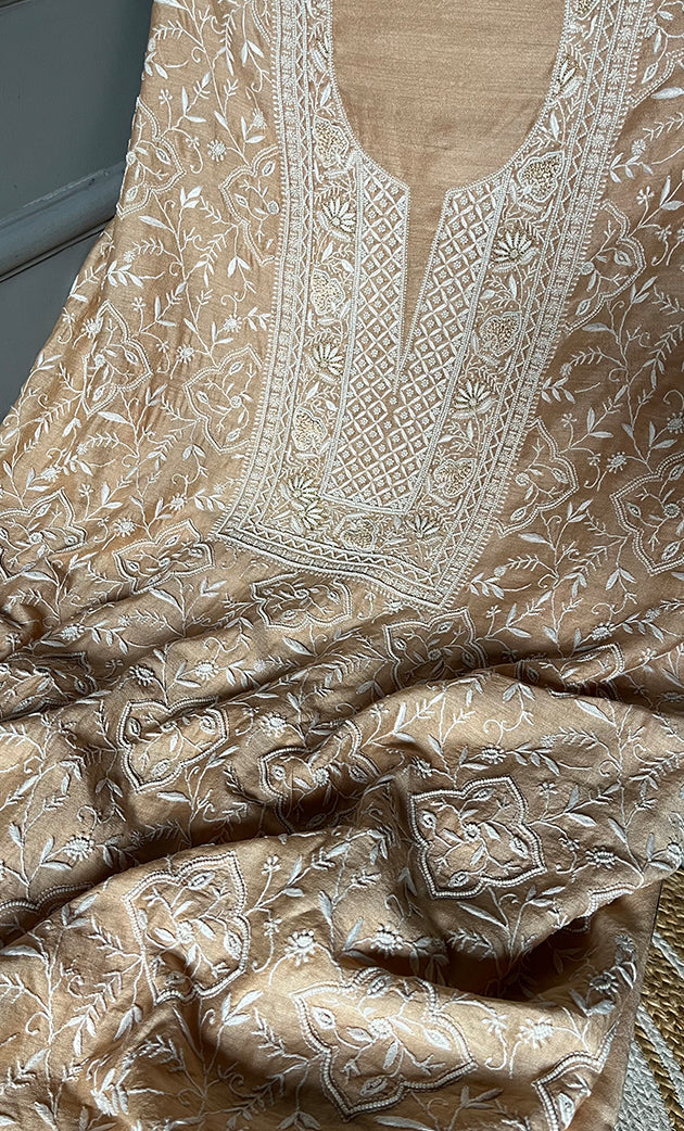 Women's Lakhnavi Handcrafted Munga Silk Unstitched Chikankari Kurta And Dupatta Set- HONC0283181