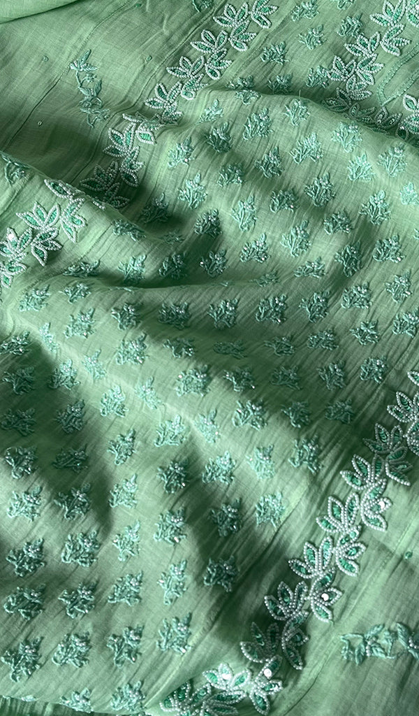 Saziya Women's Lakhnavi Handcrafted Mul Chanderi Semi - Stitched Kurta And Dupatta Set - HONC0253605