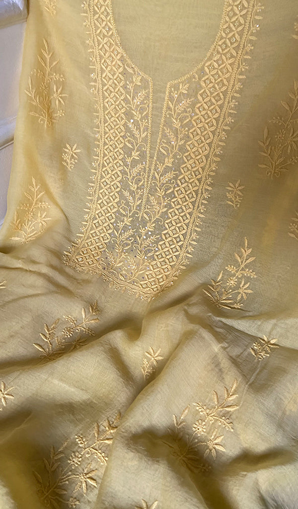 Women's Lakhnavi Handcrafted Mul Chanderi Unstitched Chikankari Full Suit Material - HONC0345051