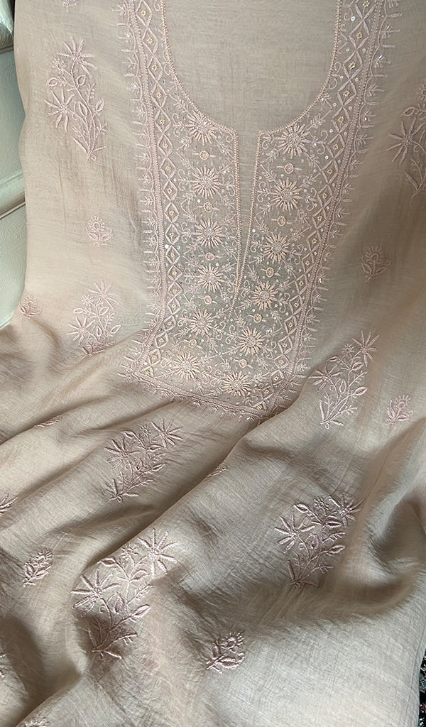 Women's Lakhnavi Handcrafted Mul Chanderi Unstitched Chikankari Full Suit Material - HONC0345055